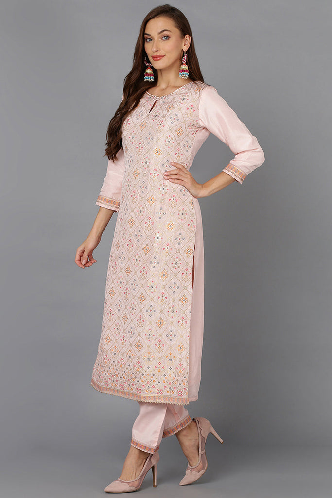 Pink Silk Blend Ethnic Motifs Straight Suit Set PKSKD1908