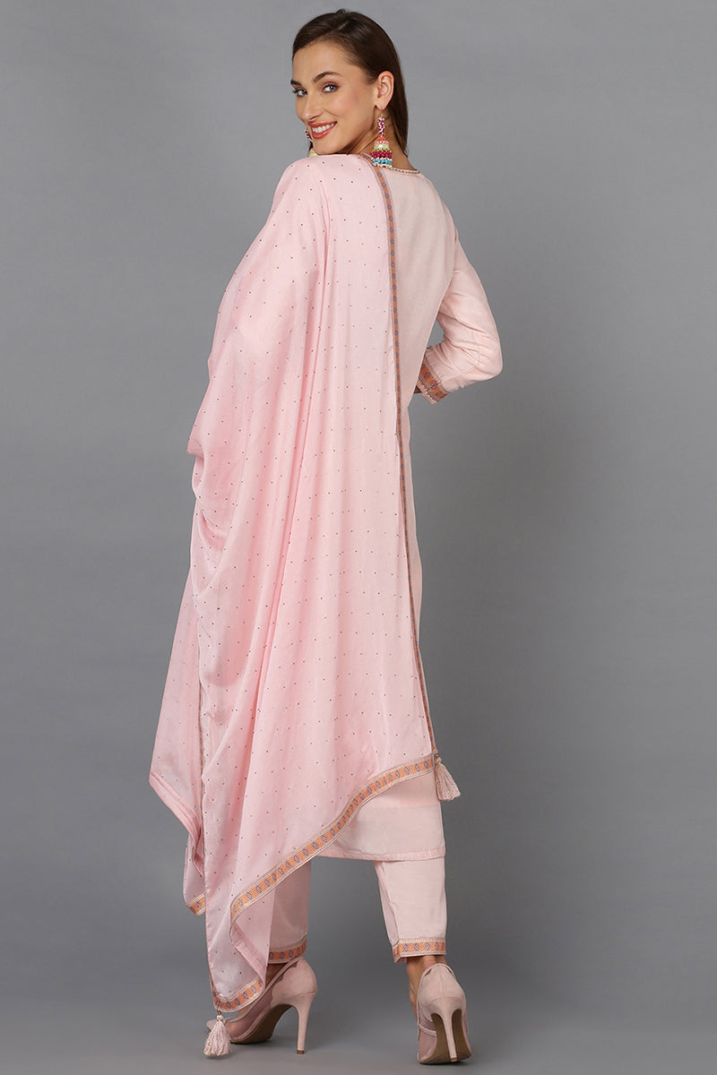 Pink Silk Blend Ethnic Motifs Straight Suit Set PKSKD1908