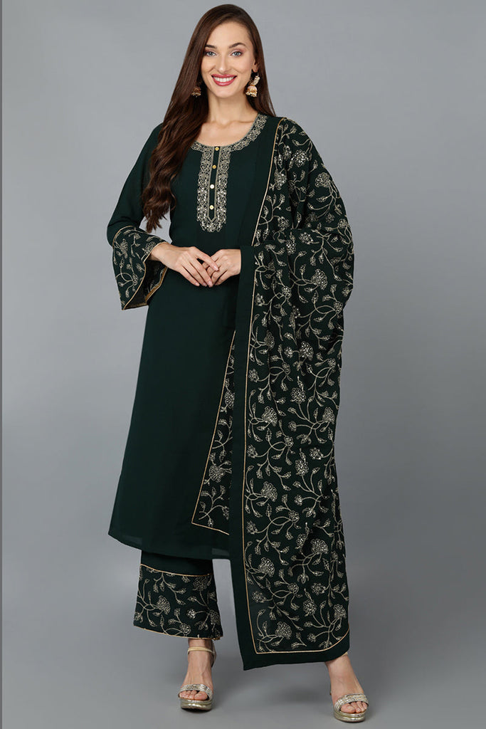 Green Poly Georgette Straight Kurta Palazzo With Dupatta PKSKD1909