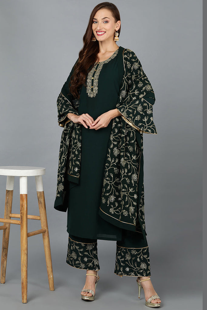 Green Poly Georgette Straight Kurta Palazzo With Dupatta PKSKD1909