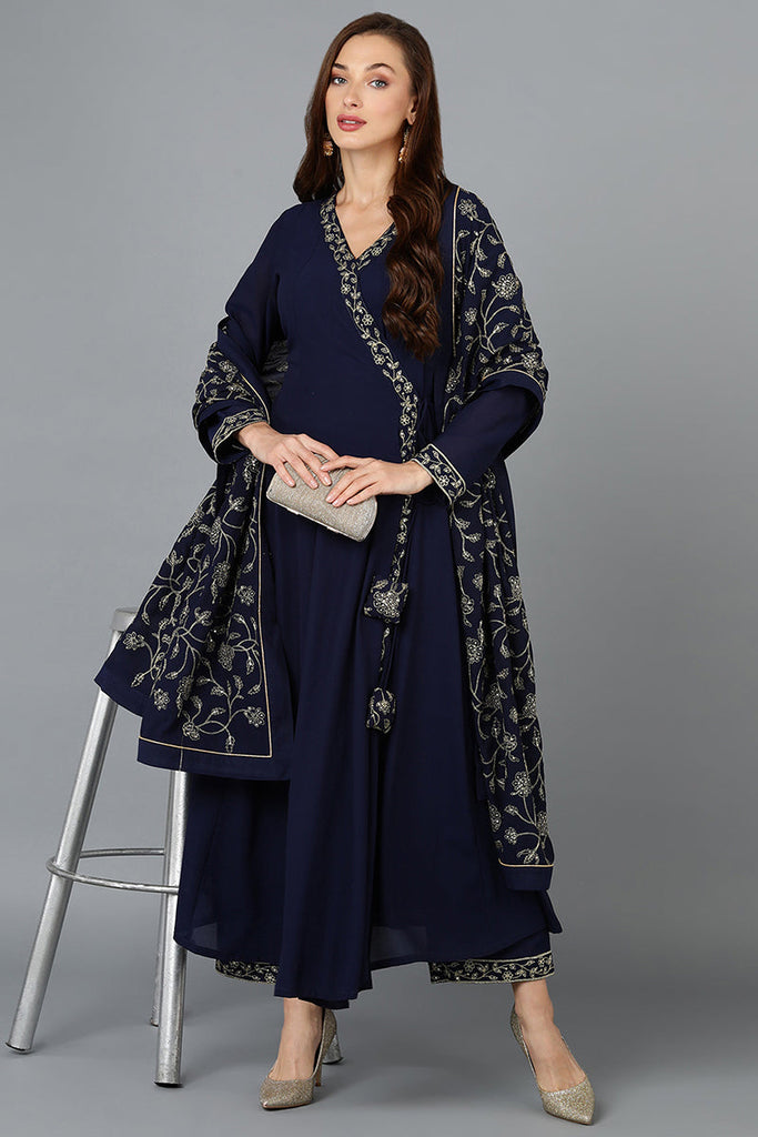 Prussian Blue Poly Georgette Angrakha Pant With Dupatta PKSKD1910