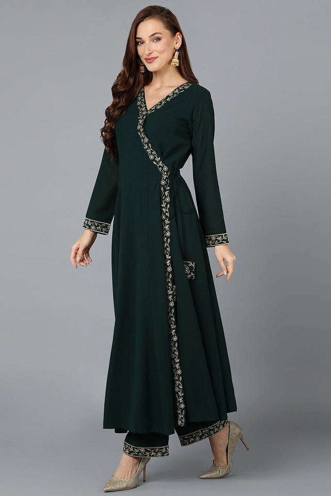 Dark Green Poly Georgette Angrakha Pant With Dupatta PKSKD1912