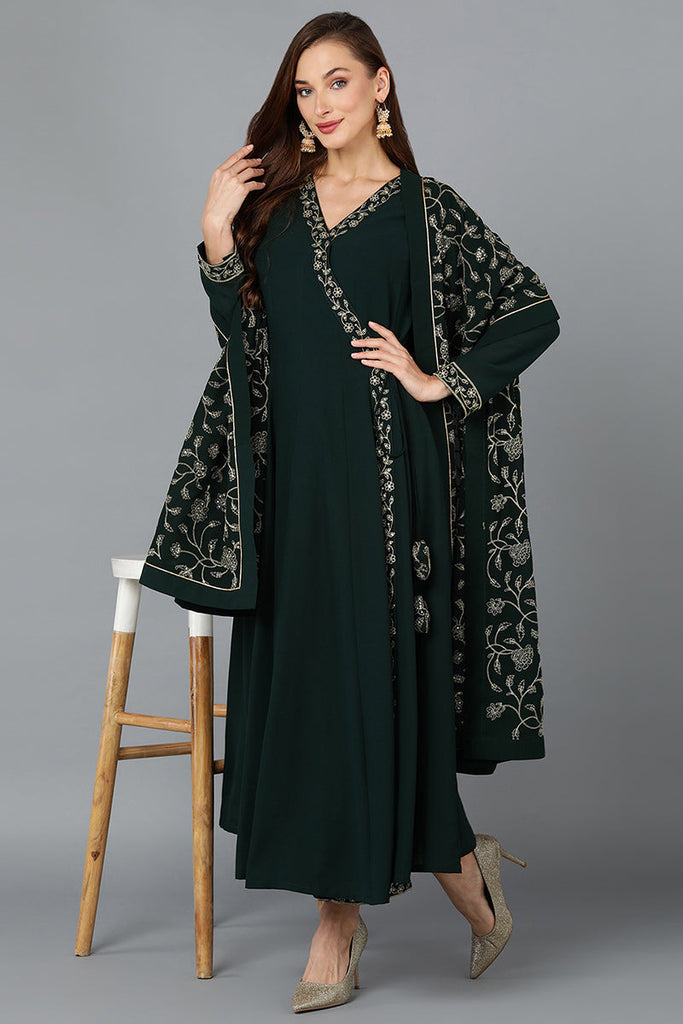 Dark Green Poly Georgette Angrakha Pant With Dupatta PKSKD1912