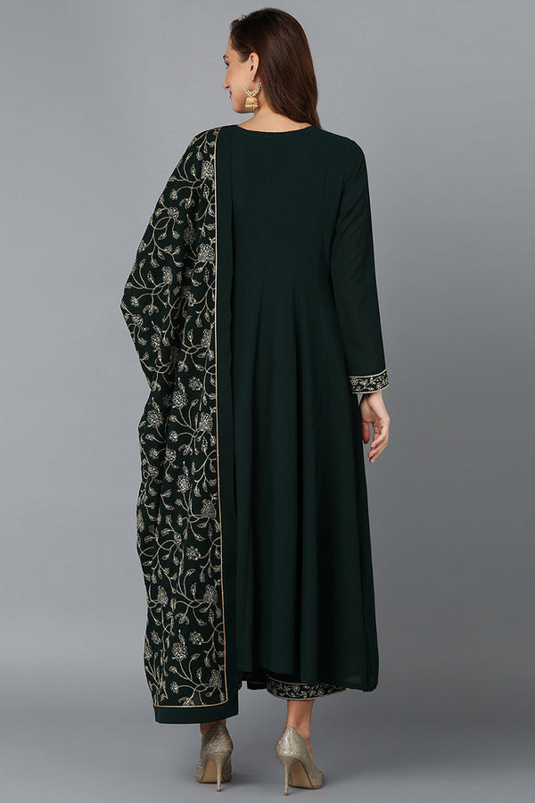 Dark Green Poly Georgette Angrakha Pant With Dupatta PKSKD1912