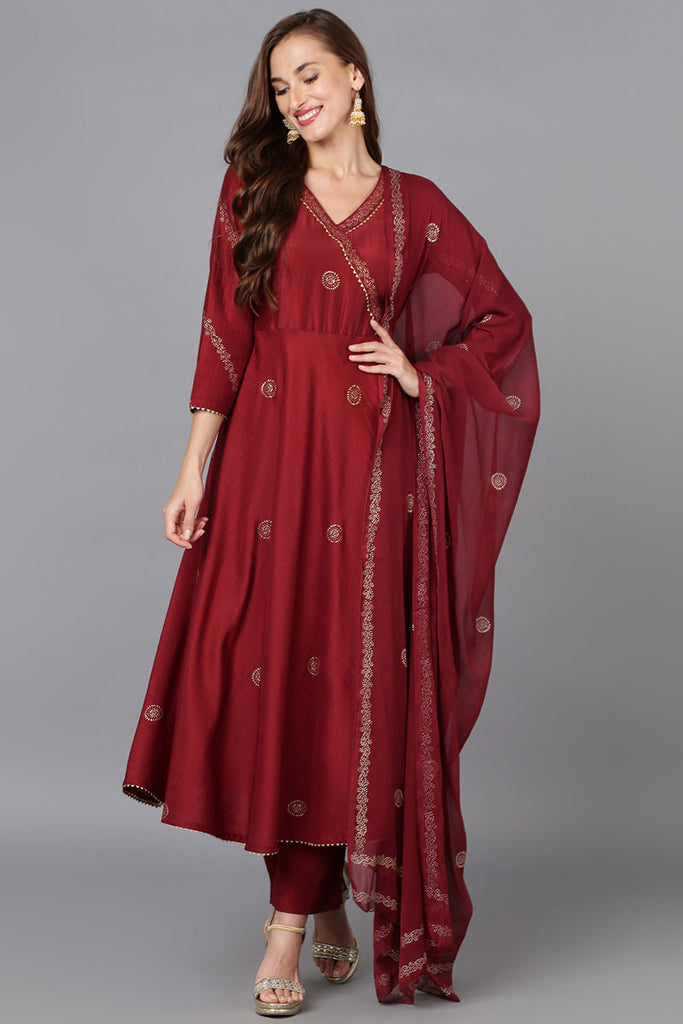 Maroon Silk Blend Anarkali Woven Design Kurta Pant With Dupatta PKSKD1915