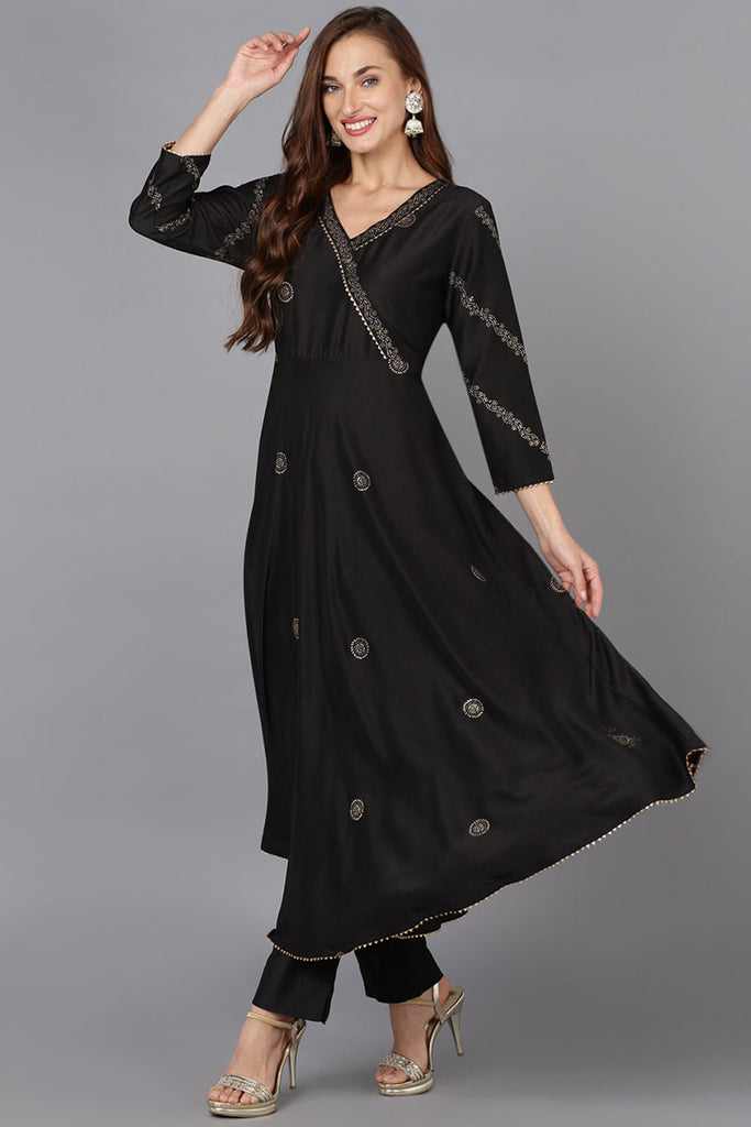 Black Silk Blend Ethnic Motifs Straight Suit Set PKSKD1916