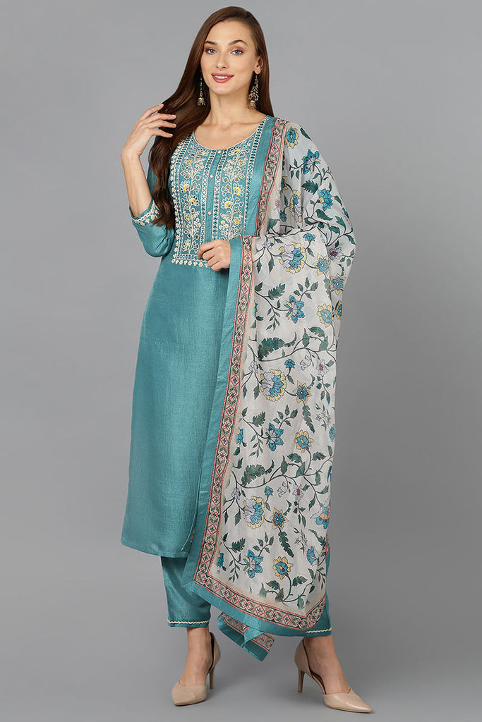 Sea Green Straight Kurta Pant With Dupatta PKSKD1921