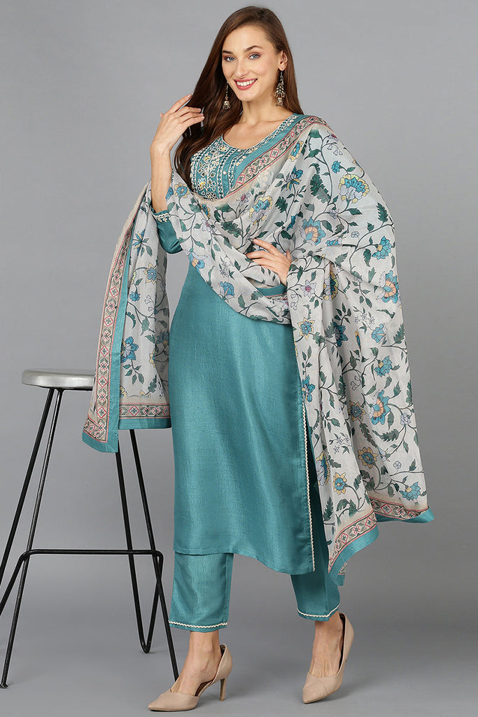 Sea Green Straight Kurta Pant With Dupatta PKSKD1921