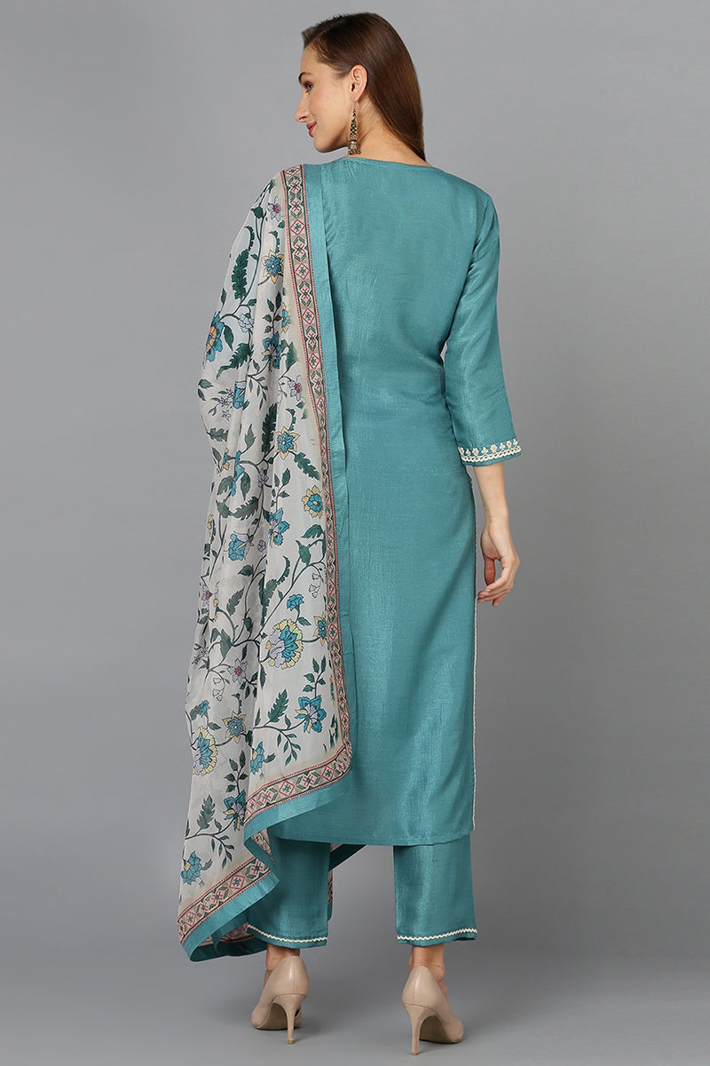 Sea Green Straight Kurta Pant With Dupatta PKSKD1921