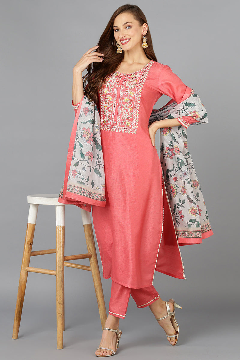 Coral Pink Silk Blend Straight Kurta Pant With Dupatta PKSKD1922