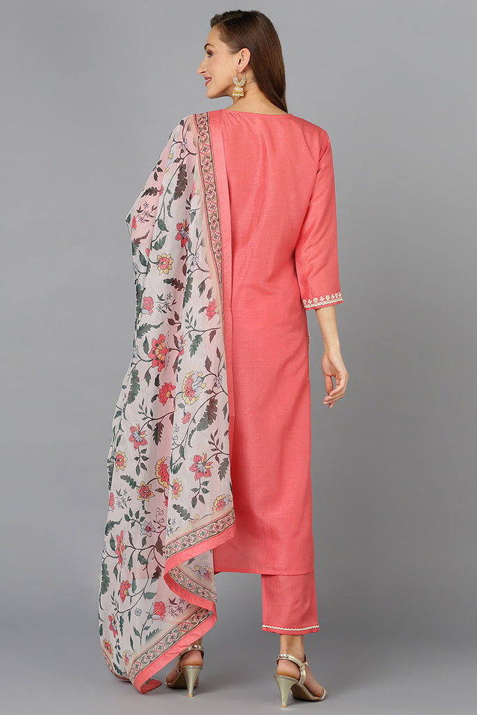 Coral Pink Silk Blend Straight Kurta Pant With Dupatta PKSKD1922