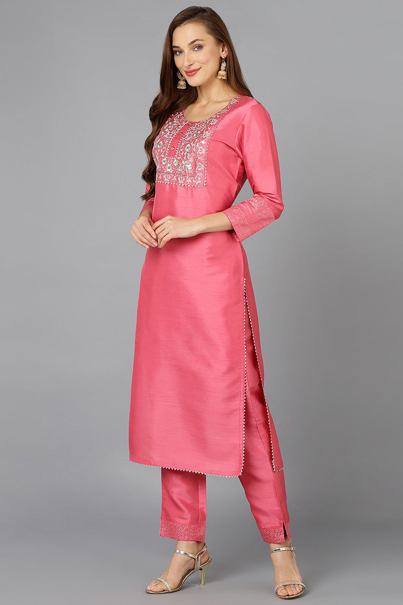 Pink Silk Blend Straight Kurta Pant With Dupatta PKSKD1923