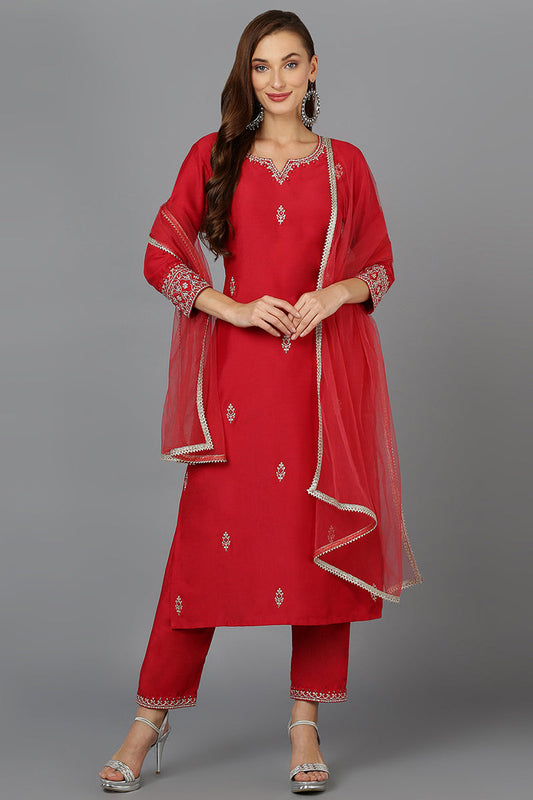 Red Silk Blend Straight Kurta Pant With Dupatta PKSKD1929