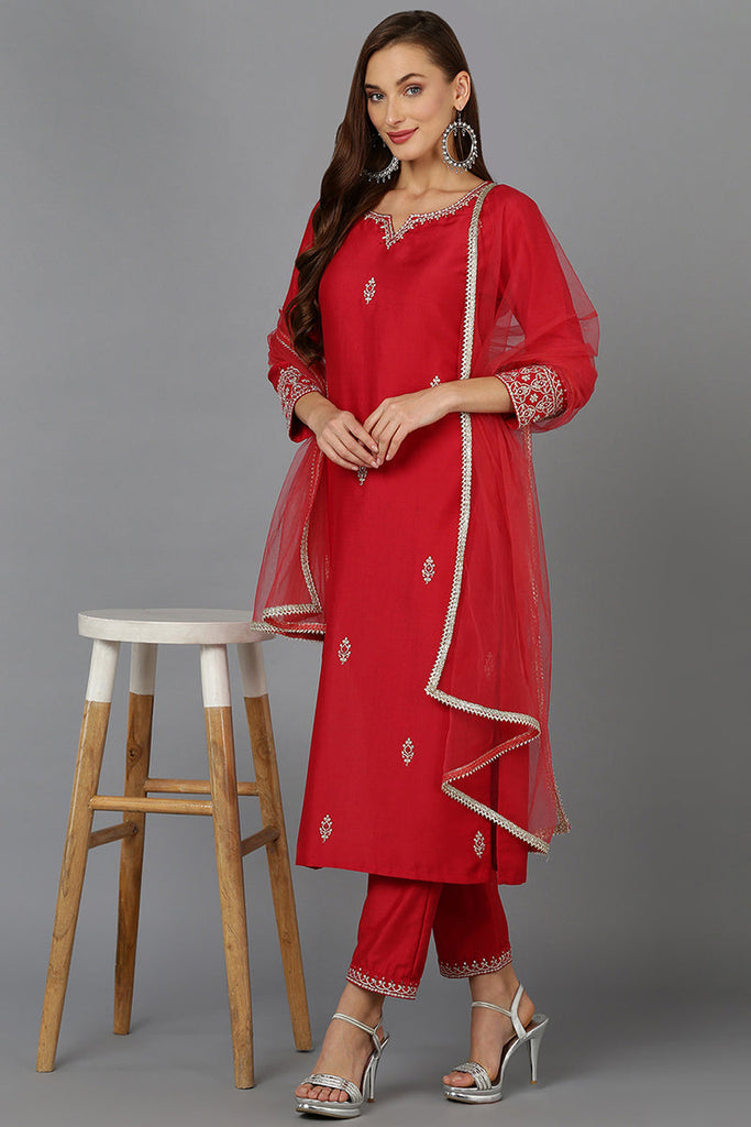 Red Silk Blend Straight Kurta Pant With Dupatta PKSKD1929