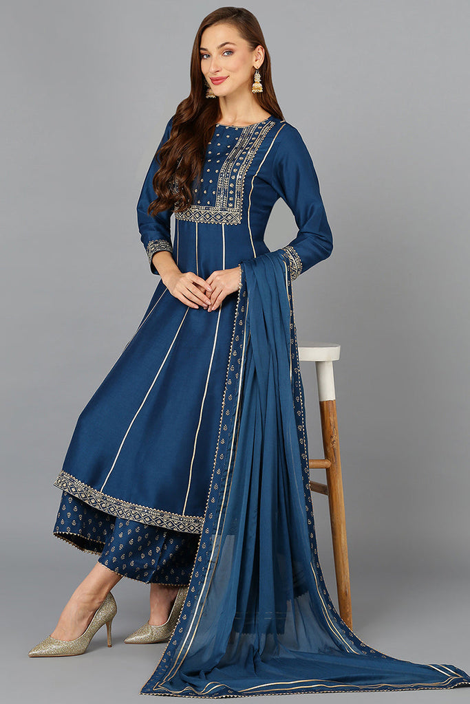 Teal Silk Blend Ethnic Motifs Anarkali Suit Set PKSKD1930