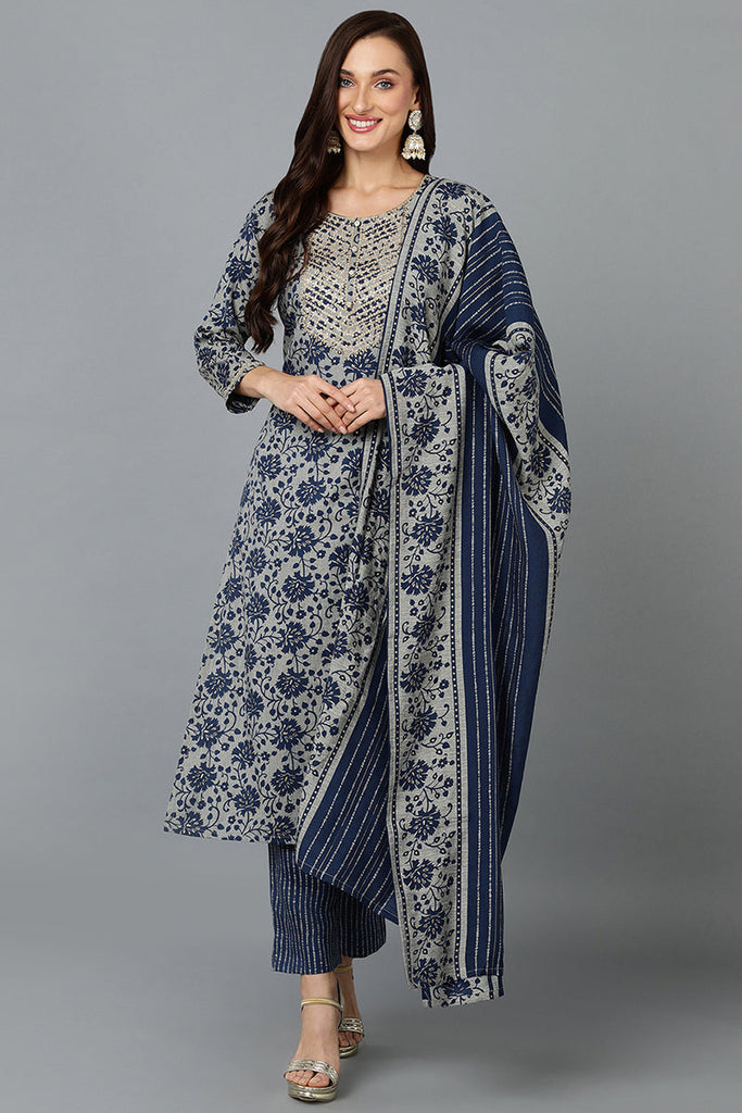 Cotton Blend Grey Straight Printed Kurta Pant With Blue Dupatta PKSKD1935