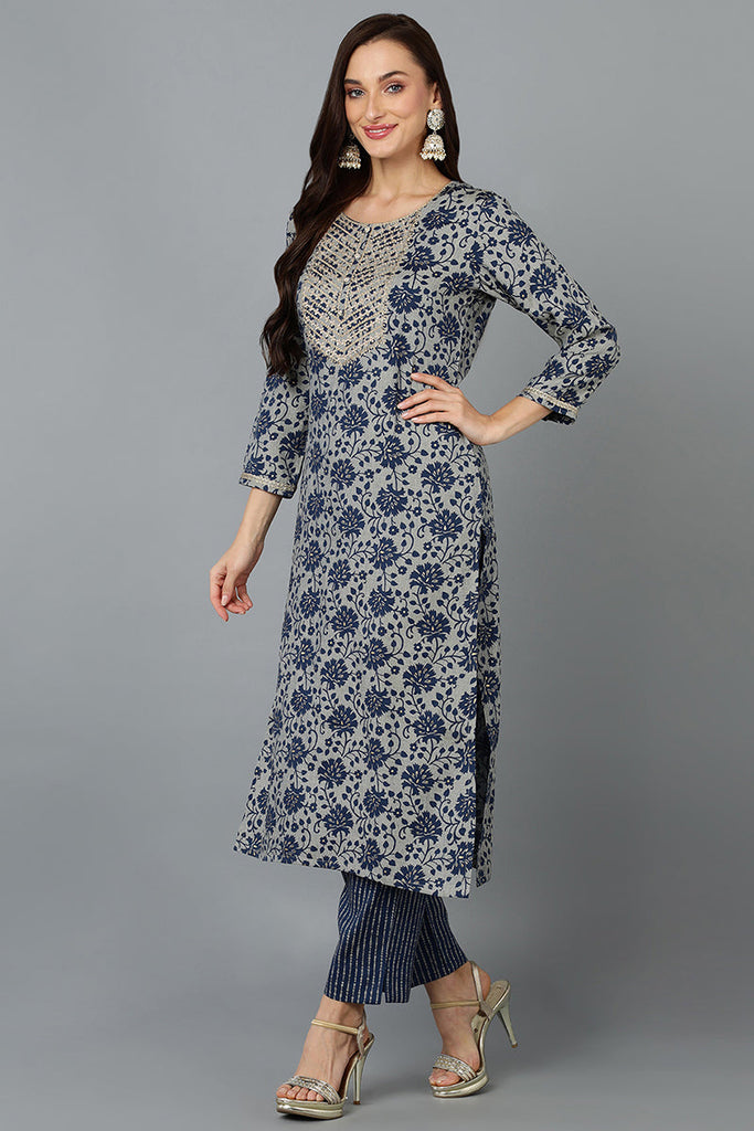 Cotton Blend Grey Straight Printed Kurta Pant With Blue Dupatta PKSKD1935