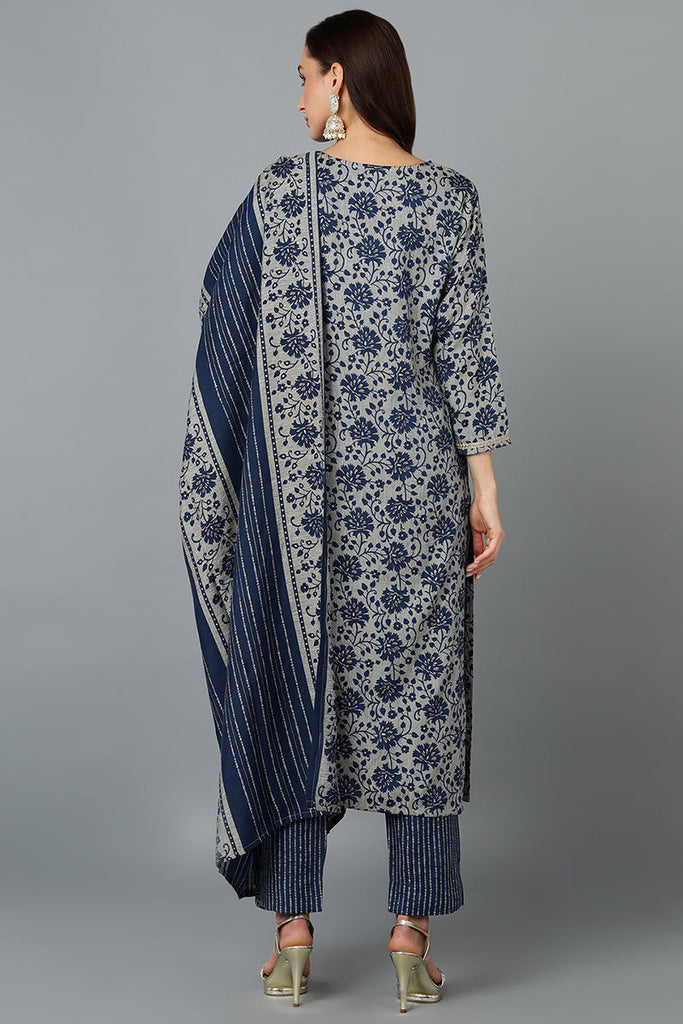 Cotton Blend Grey Straight Printed Kurta Pant With Blue Dupatta PKSKD1935