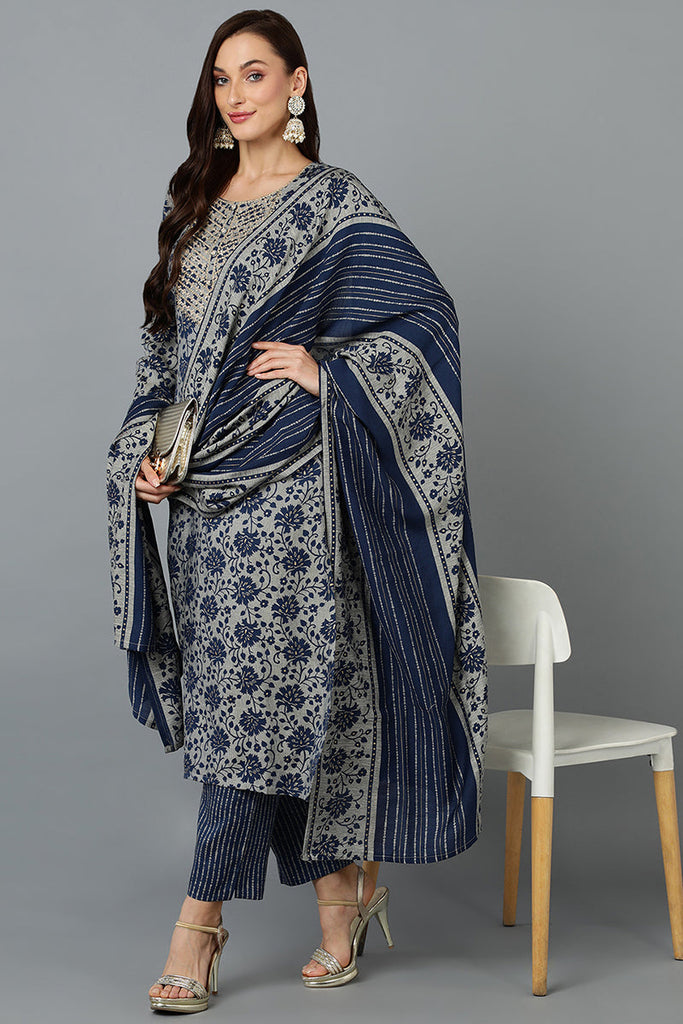 Cotton Blend Grey Straight Printed Kurta Pant With Blue Dupatta PKSKD1935