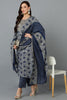 Cotton Blend Grey Straight Printed Kurta Pant With Blue Dupatta PKSKD1935