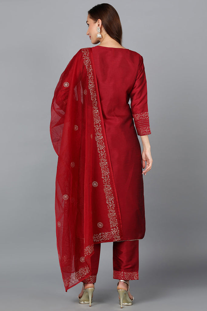 Maroon Silk Blend Yoke Design Kurta Trouser With Dupatta PKSKD1936