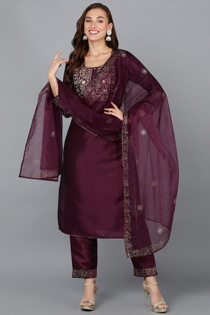 Purple Silk Blend Straight Yoke Design Kurta Pant With Dupatta PKSKD1937