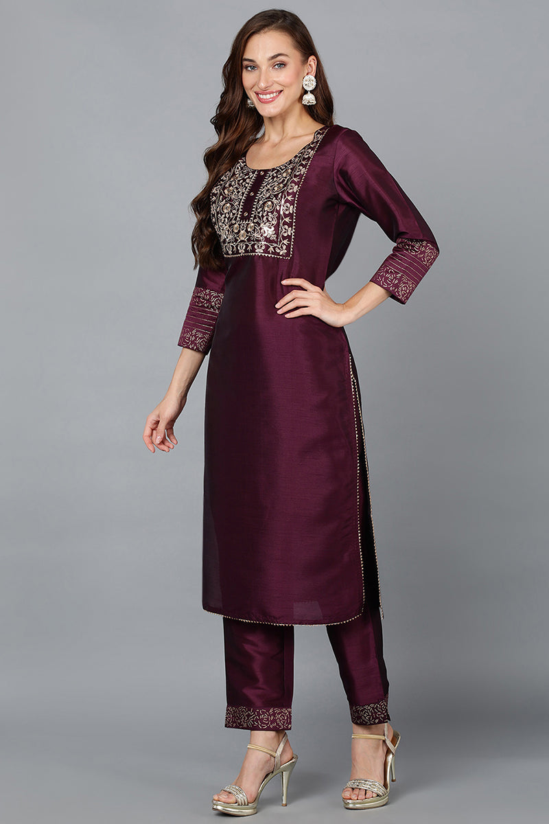 Purple Silk Blend Straight Yoke Design Kurta Pant With Dupatta PKSKD1937