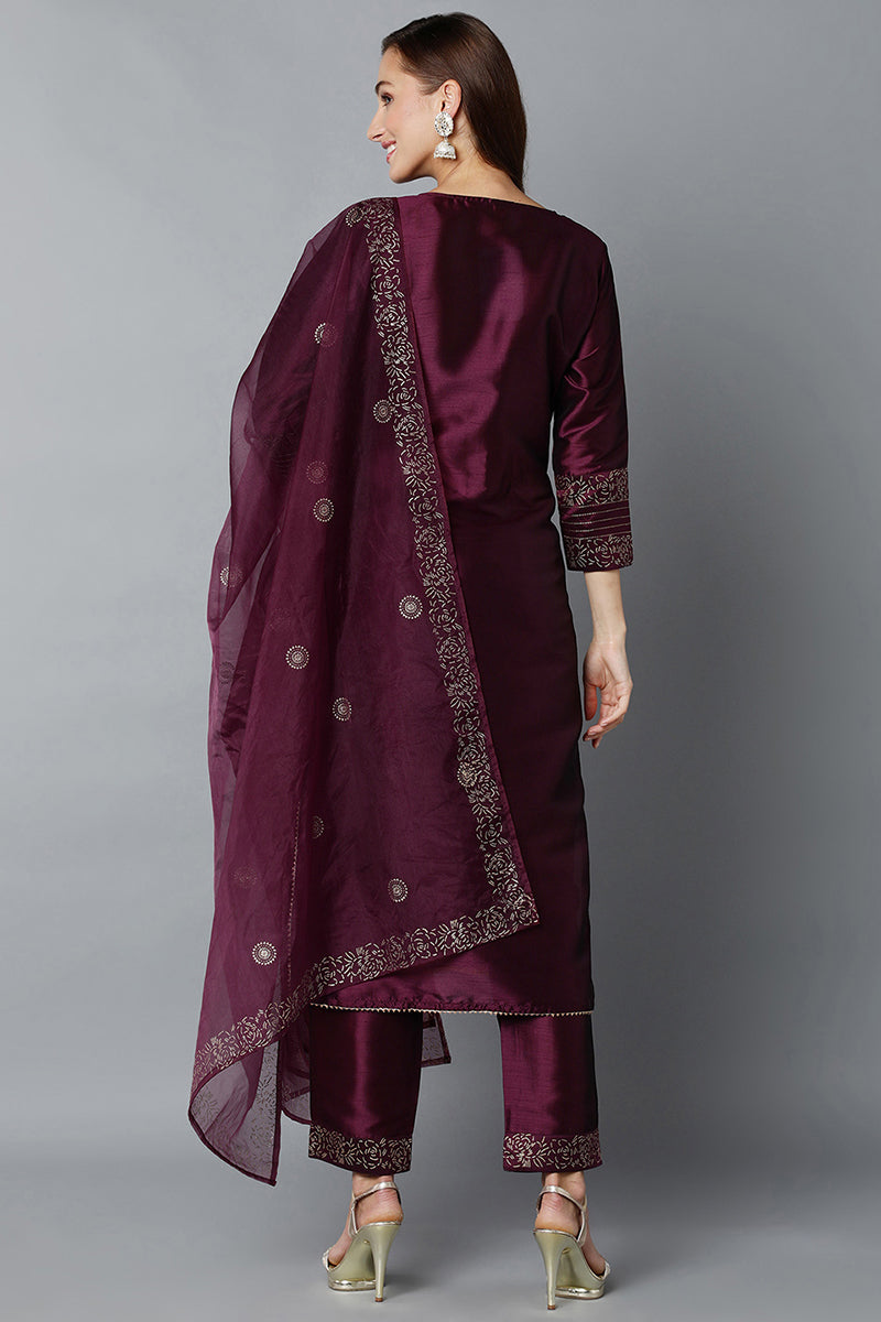 Purple Silk Blend Straight Yoke Design Kurta Pant With Dupatta PKSKD1937