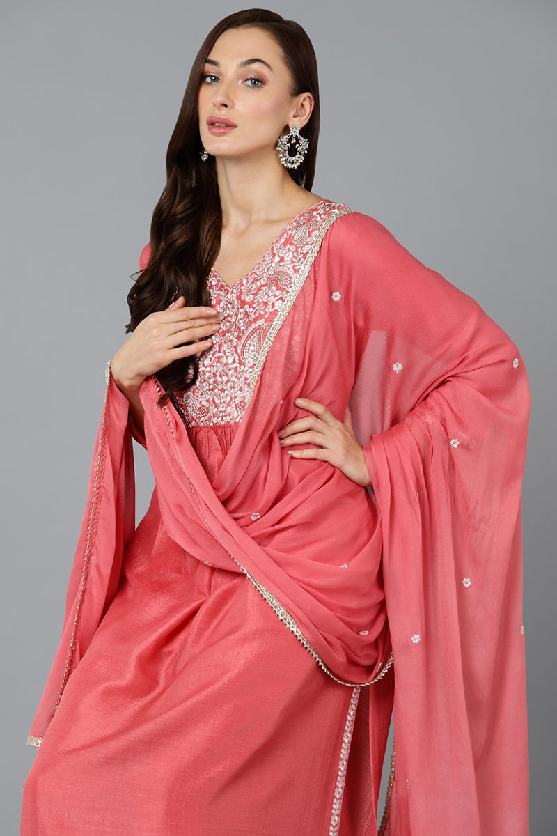 Silk Blend Blush Pink Straight Kurta Pant With Dupatta PKSKD1939