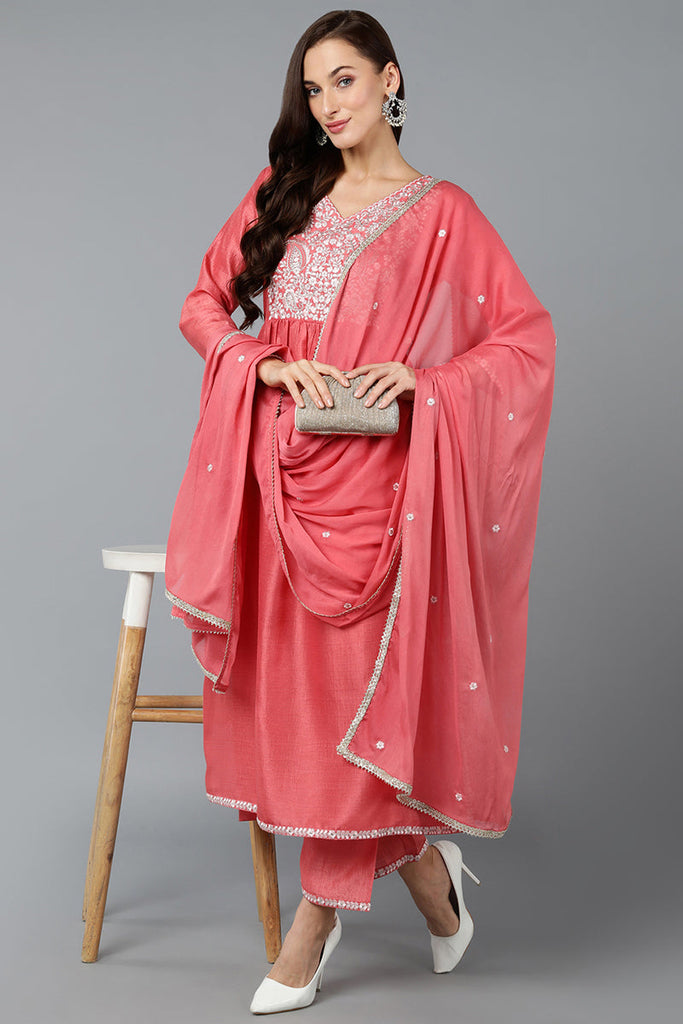 Silk Blend Blush Pink Straight Kurta Pant With Dupatta PKSKD1939