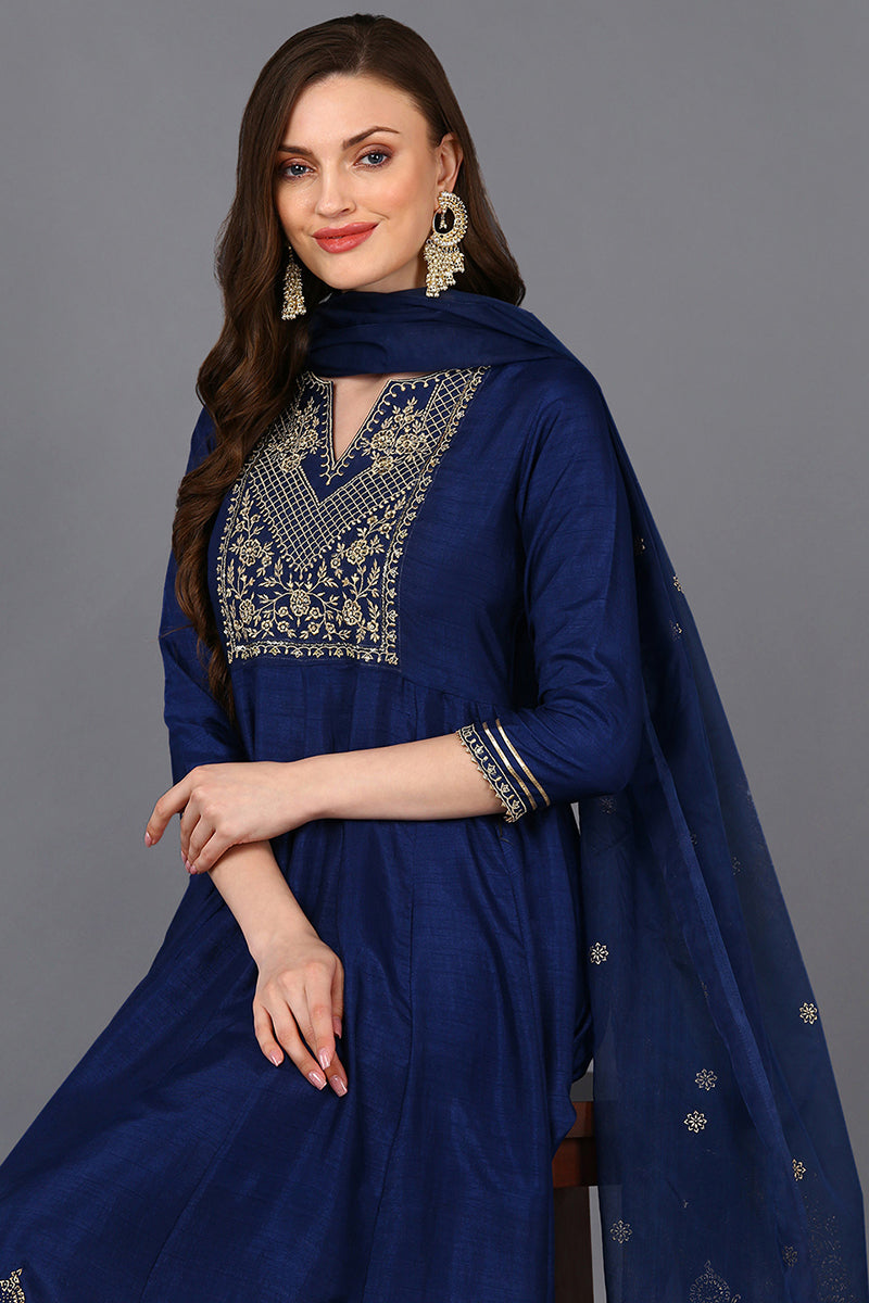 Silk Blend Navy Blue Flared Kurta Pant With Dupatta PKSKD1940