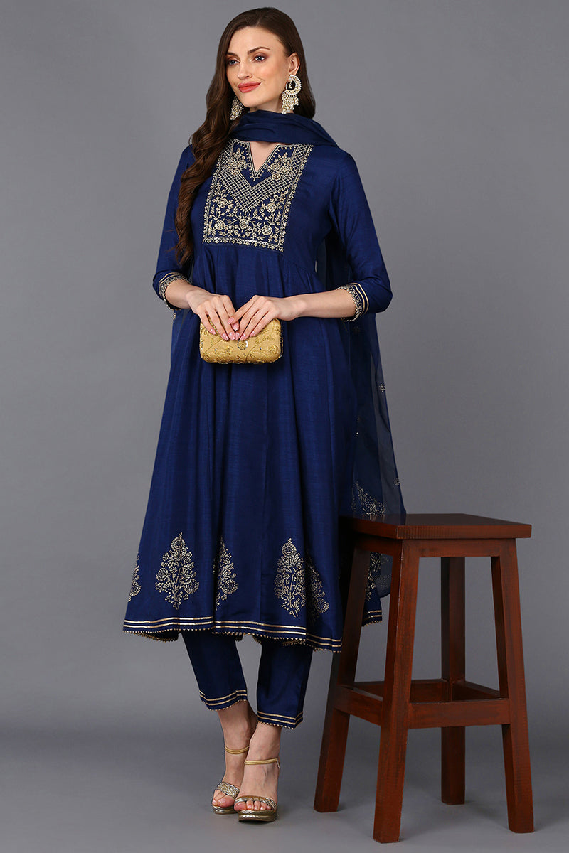 Silk Blend Navy Blue Flared Kurta Pant With Dupatta PKSKD1940