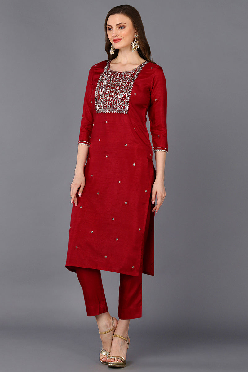 Maroon Silk Blend Rogan Work Straight Suit Set PKSKD1941