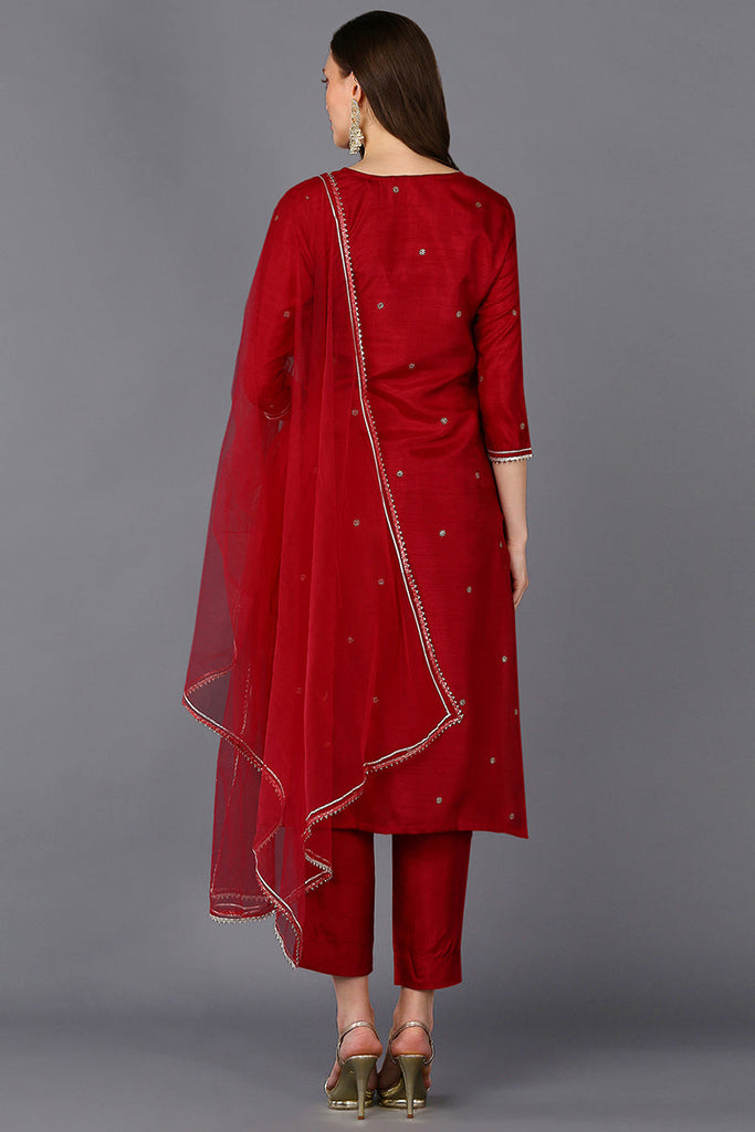 Maroon Silk Blend Rogan Work Straight Suit Set PKSKD1941