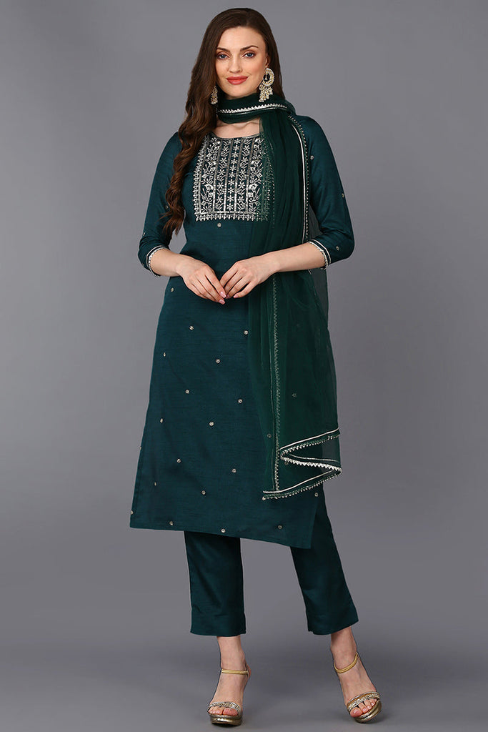 Green Silk Blend Rogan Work Straight Suit Set PKSKD1942