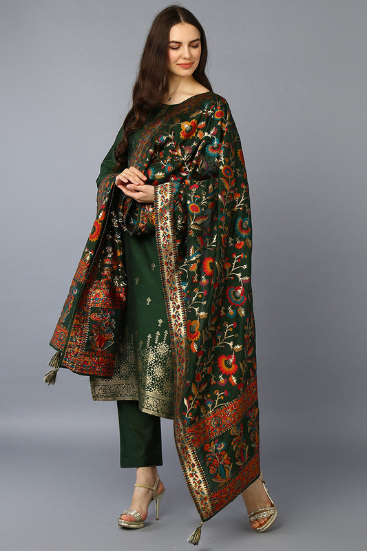 Green Silk Blend Ethnic Motifs Straight Suit Set PKSKD1953