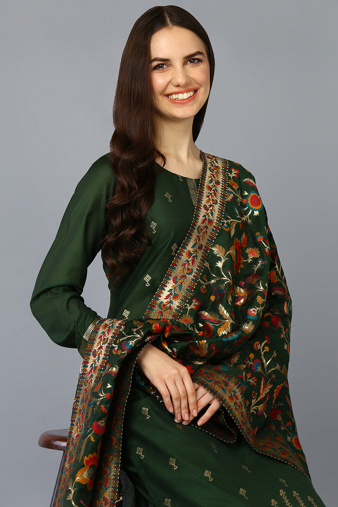 Green Silk Blend Ethnic Motifs Straight Suit Set PKSKD1953