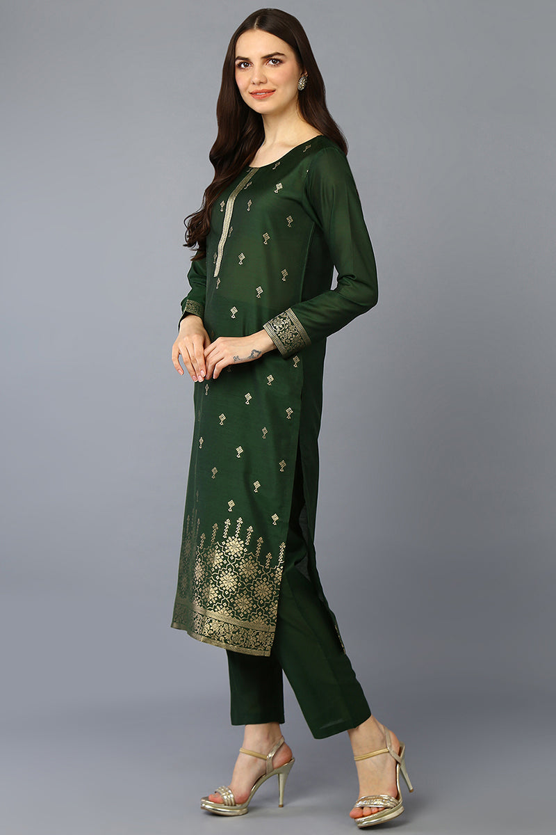 Green Silk Blend Ethnic Motifs Straight Suit Set PKSKD1953