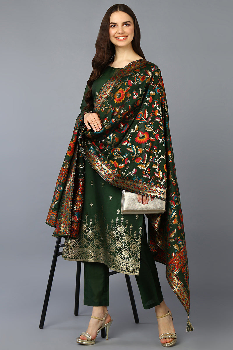 Green Silk Blend Ethnic Motifs Straight Suit Set PKSKD1953