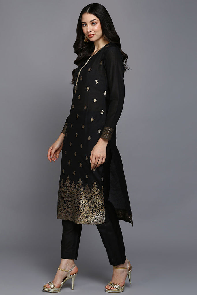 Black Silk Blend Ethnic Straight Suit Set PKSKD1955