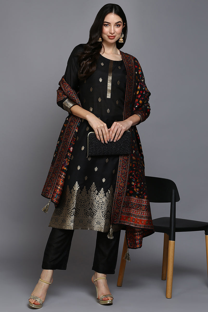 Black Silk Blend Ethnic Straight Suit Set PKSKD1955