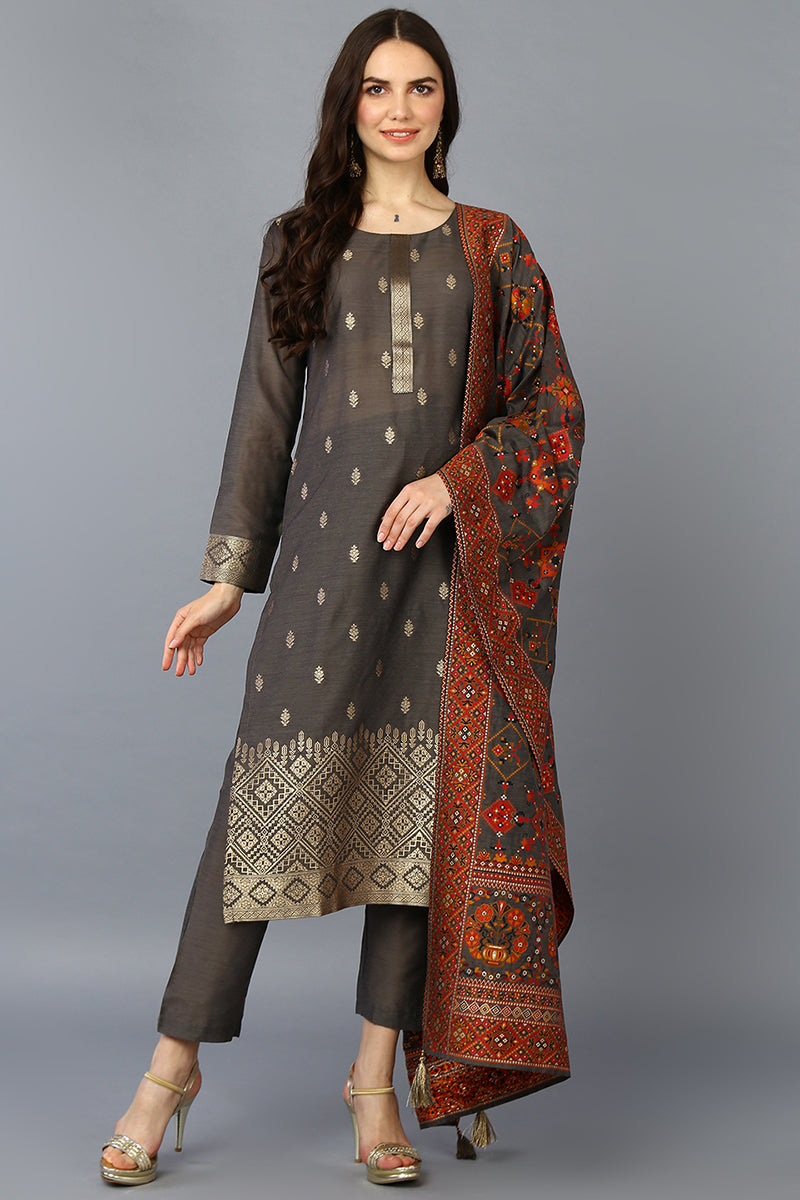 Grey Silk Blend Ethnic Motifs Straight Suit Set PKSKD1957