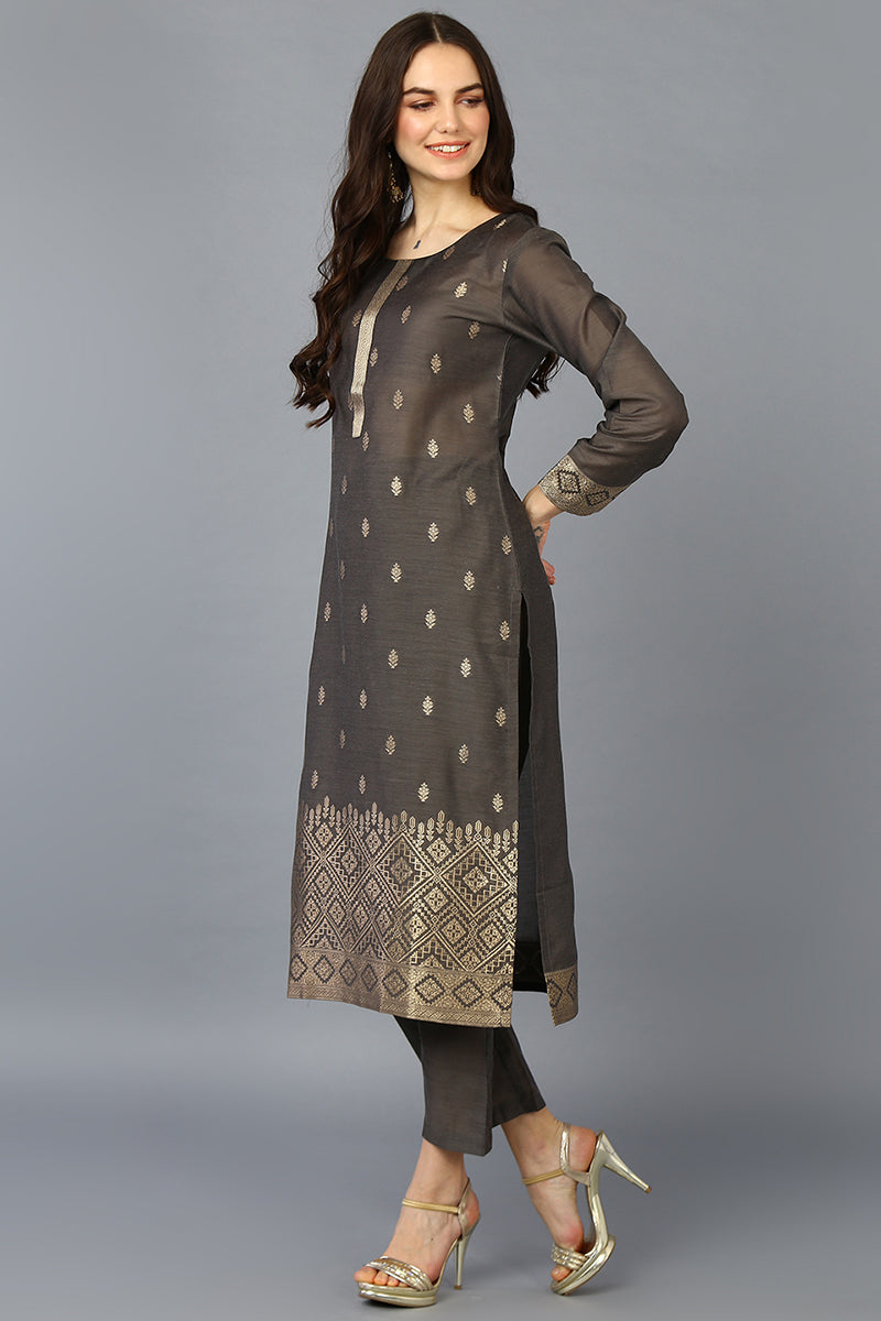 Grey Silk Blend Ethnic Motifs Straight Suit Set PKSKD1957