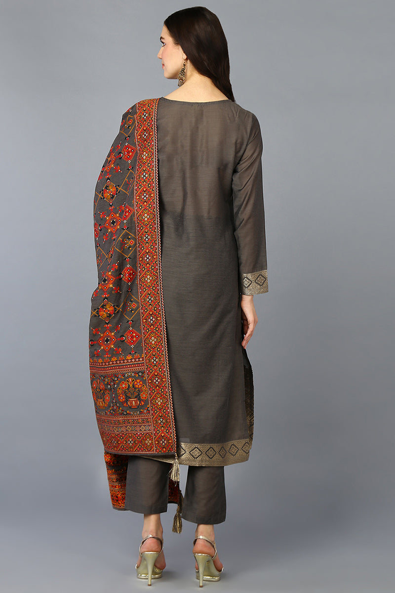 Grey Silk Blend Ethnic Motifs Straight Suit Set PKSKD1957