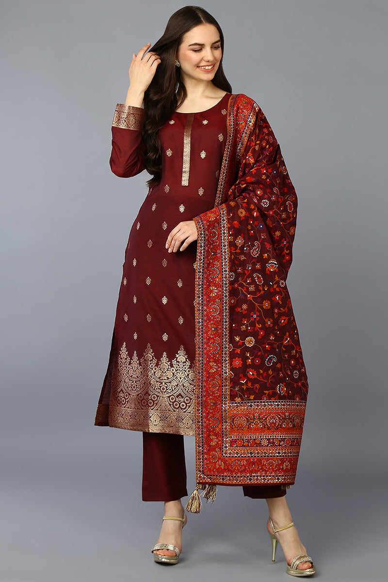 Maroon Silk Blend Ethnic Motifs Straight Suit Set PKSKD1958