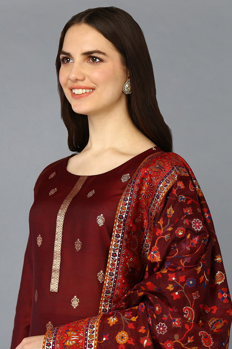 Maroon Silk Blend Ethnic Motifs Straight Suit Set PKSKD1958