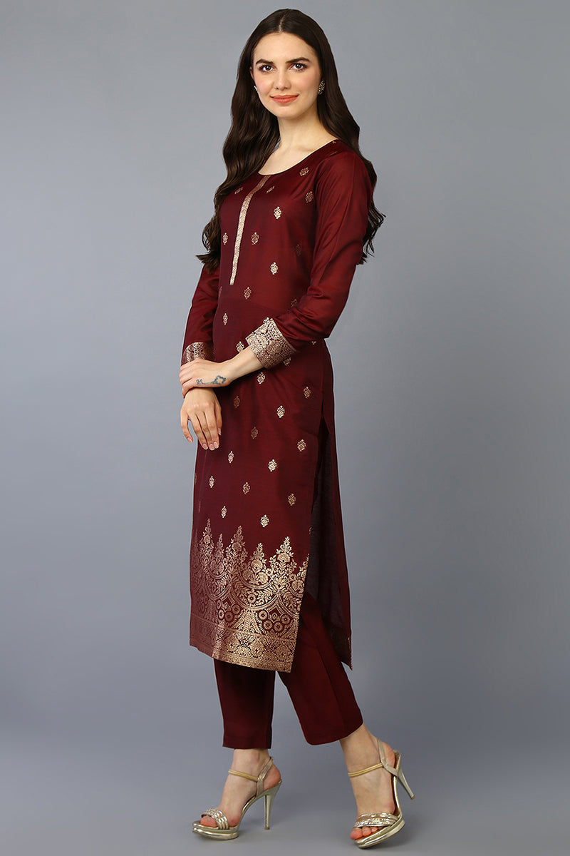 Maroon Silk Blend Ethnic Motifs Straight Suit Set PKSKD1958