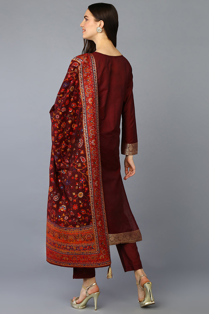 Maroon Silk Blend Ethnic Motifs Straight Suit Set PKSKD1958