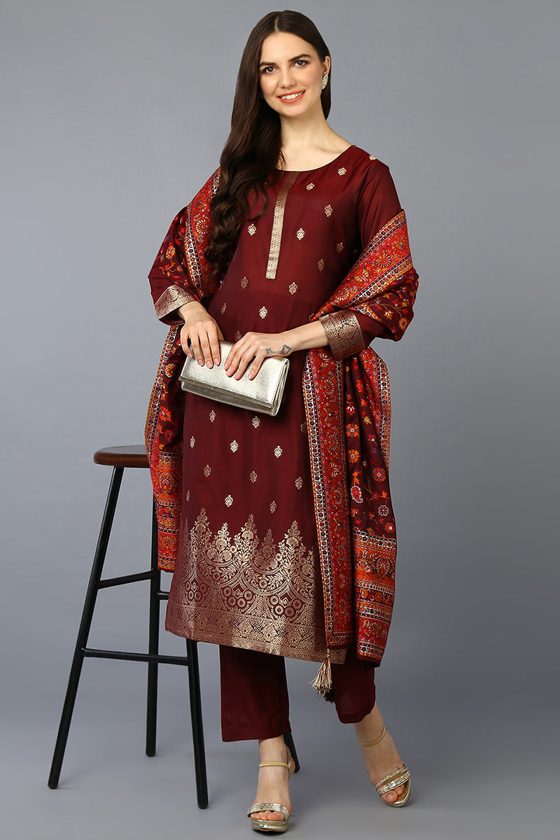 Maroon Silk Blend Ethnic Motifs Straight Suit Set PKSKD1958