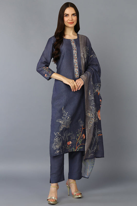 Grey Silk Blend Floral Straight Suit Set PKSKD1959